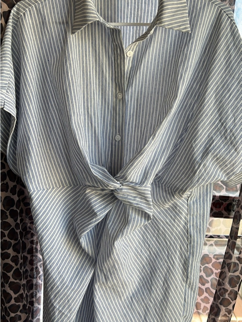 Women's Cotton Blue Striped Button-Down Tie-Front Shirt